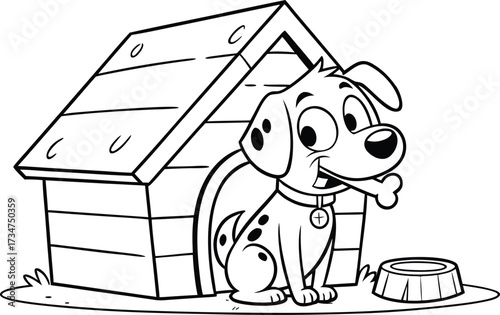 Cartoon Dog with Bone in Doghouse with Food Bowl