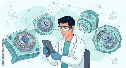 Scientist using a tablet to study cell structures in a cutting-edge medical research environment