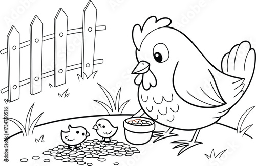 Hen and Chicks in a Cartoon Farmyard Scene Illustration