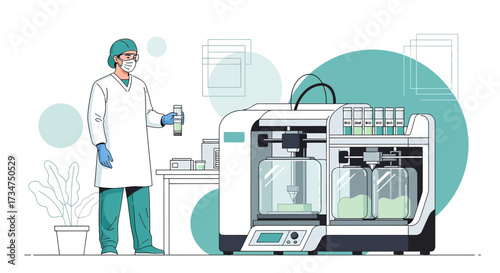 Scientist working with a bio 3D printer in a laboratory, advancing biotechnology and medical