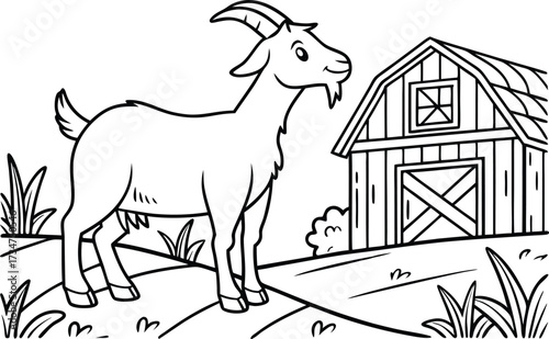 Cartoon Goat and Barn in a Rural Farm Scene