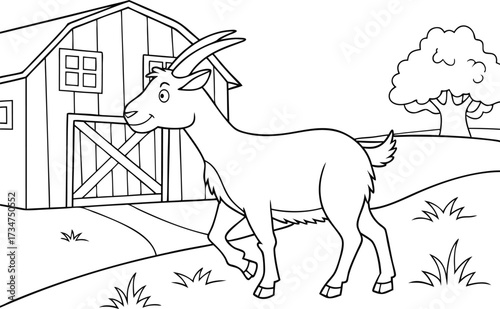 Goat Illustration in Rural Setting Barn Tree and Grassy Terrain