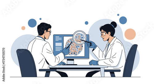 Scientists analyzing microbiological samples on computer screen in laboratory setting