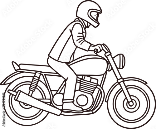 Person riding a motorcycle wearing helmet contour line drawing
