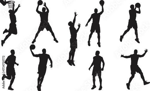 Basketball player silhouettes in action poses dribbling, dunking, shooting, rebounding, and jumping sports vector illustration for design, posters, and projects