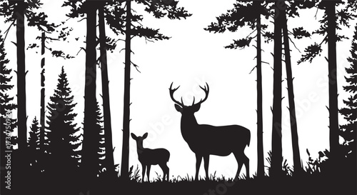 Silhouette of deer and fawn in a forest with pine trees vector illustration