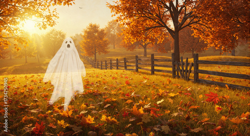 Ghost figure standing in autumn field among fallen leaves at sunset  