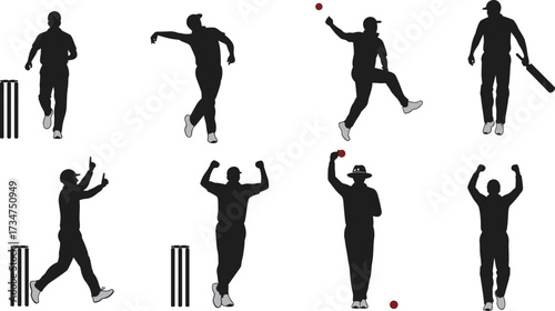 "Dynamic cricket player silhouettes vector set featuring batsman, bowler, fielder, umpire, stumps, ball, action poses, sports illustration"