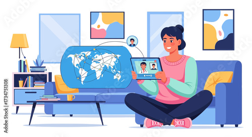Woman Connecting Globally through Video Call on Tablet, Enhancing Global Connectivity and