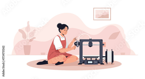 Woman operating a 3D printer at home enhancing creativity and innovation with modern technology