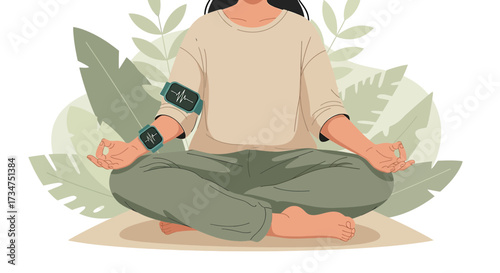 Woman Practicing Meditation with Smartwatches Monitoring Health and Well-being