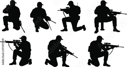 Silhouettes of soldiers in tactical gear with rifles on white background untitled illustration