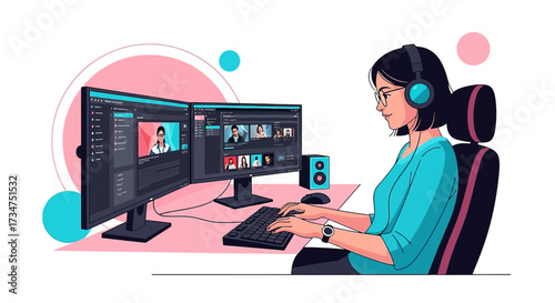Woman working remotely at a desk with dual monitors in a stylized illustration