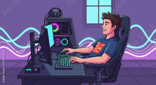 Young gamer immersed in a vibrant digital world playing video games at home on a high end computer