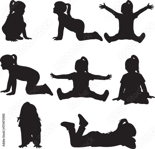 Silhouettes of young girls in various playful sitting and crawling poses child baby