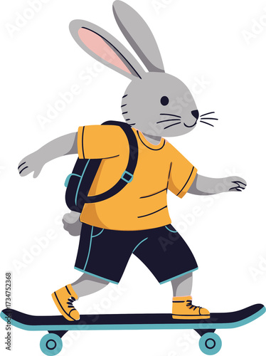 Grey rabbit with backpack on skateboard. Cute animal character illustration for kids activity, pet entertainment, or fun concept on transparent background.