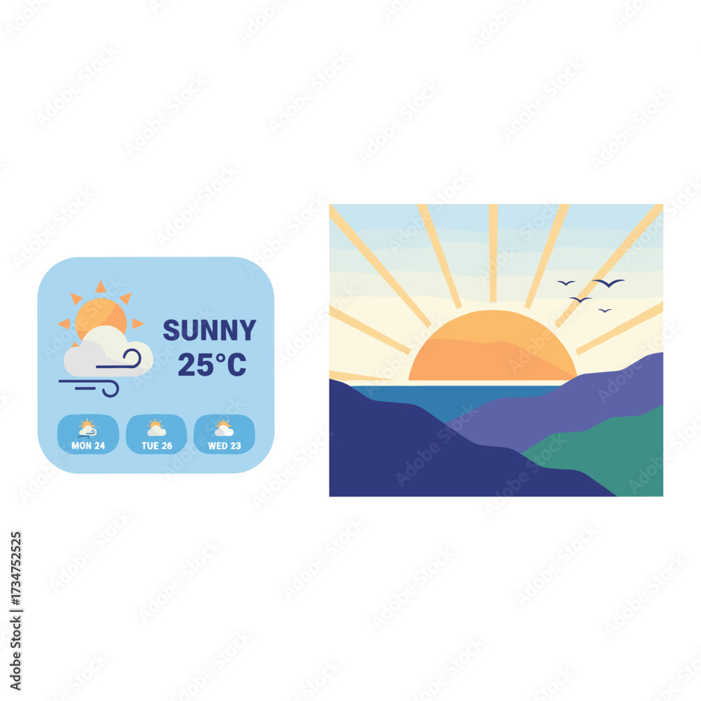 Fototapeta premium Sunrise-themed background accompanies the weather widget template