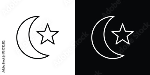 Moon and star icon in black and white linear versions