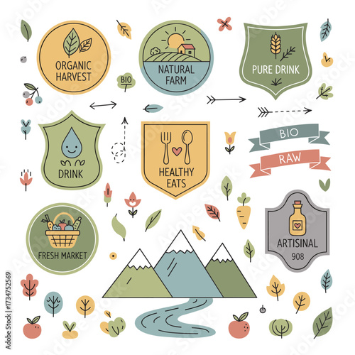 A hand‑drawn collection of labels and elements for organic food and drink, natural products, restaurants, healthy food markets, and production, set against a natural background