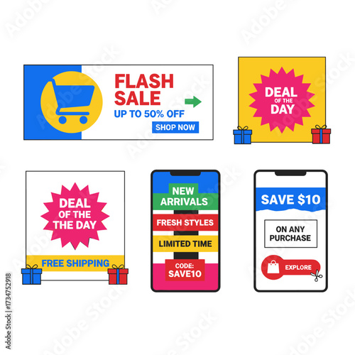 A set of social media sale banners and web ad templates, along with vector illustrations for website and mobile banners, print materials, newsletter designs, coupons, and marketing