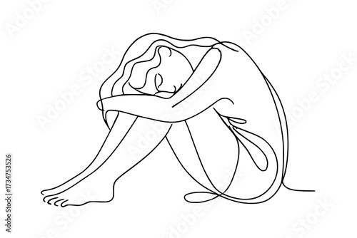 Elegant line art of a solitary woman embracing herself, symbolizing introspection and emotional vulnerability