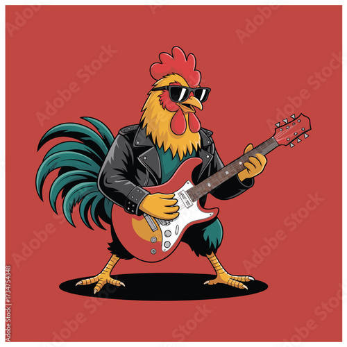 Rockstar chicken with sunglasses flat vector illustration on white background