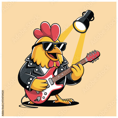 Rockstar chicken with sunglasses flat vector illustration on white background