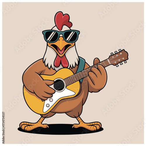 Rockstar chicken with sunglasses flat vector illustration on white background