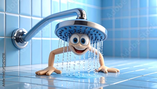 Smiling Cartoon Character Enjoying a Shower in Blue Bathroom Setting