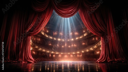 Grand Theater Stage with Red Velvet Curtains and Dramatic Lighting