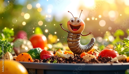 Smiling Cartoon Worm with Vegetables in Garden Under Sunshine