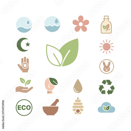 A collection of symbols and components for beauty, natural and organic goods, cosmetics, spa and wellness, featuring vector illustrations suitable for graphic and web design, marketing collateral