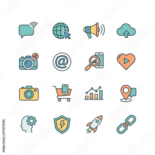 A stylish flat‑line icon set tailored for designers and developers, featuring icons for social media, networking, communication, digital marketing, and both web and mobile applications