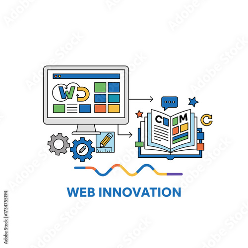 A creative illustration depicting website design, development, and content management, along with a vector concept for web banners, social media banners, business presentations, and marketing