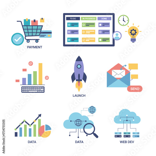 A collection of web page design templates for e-commerce, online shopping, project management, startup and business planning, and email marketing, along with vector illustrations for web development