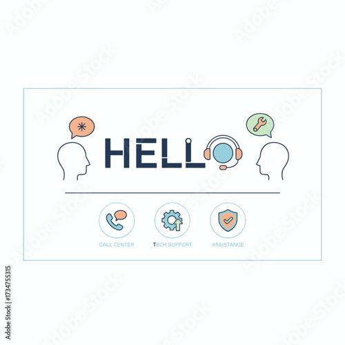 A minimalist line‑art banner for the HELLO website, call center, technical support, and customer assistance, featuring a modern vector illustration of the word HELLO for both web and mobile banners
