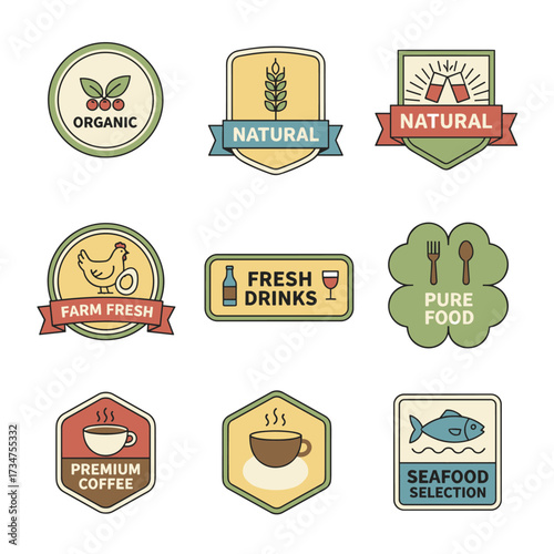 A collection of food and beverage labels and badges—vector illustrations suitable for graphic and web design, marketing collateral, restaurant menus, natural and organic product displays, and