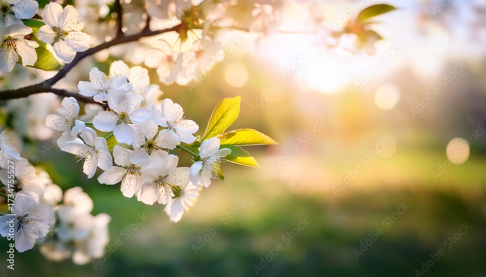 Fototapeta premium Beautiful Spring Or Summer Background With Fresh Blooming Cherry Tree In The Morning Close Up With Soft Blurred Focus