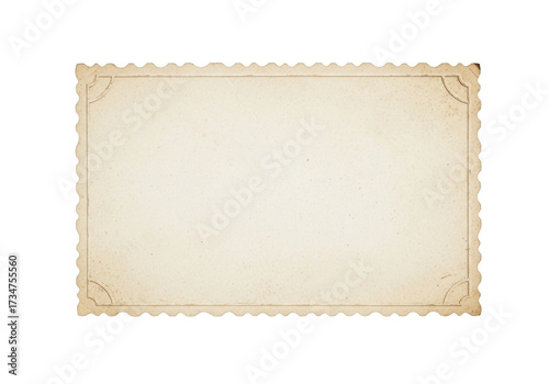 Empty, aged, distressed creamy beige photo print with decorative scalloped edges, grunge texture, on transparent background with soft shadow, copy space. Concept of vintage nostalgia