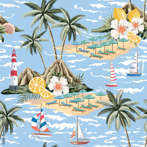 Sand coast, beach, mountain, lounge chair, umbrella, sailboat, lighthouse, lemons, sea wave, hibiscus flower, island seamless pattern. Summer resort print.