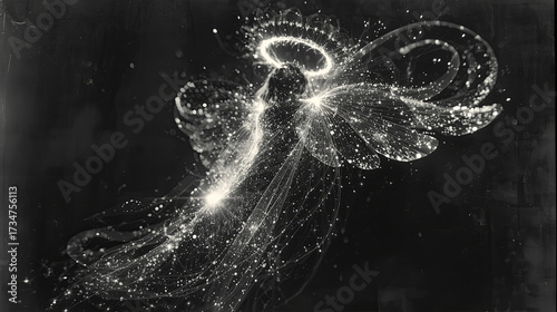 Ethereal Angel Silhouette Formed by Sparkling Light Trails and Particles Against a Dark, Textured Background