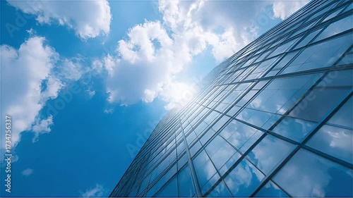 Looking up at modern office building with blue sky and clouds