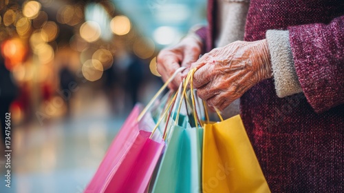 Elderly woman holding colorful shopping bags at Christmas mall