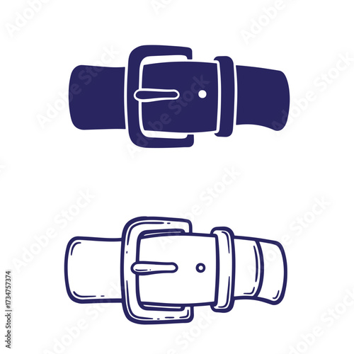Simple illustration of two dark blue belt buckles with detailed outlines on white