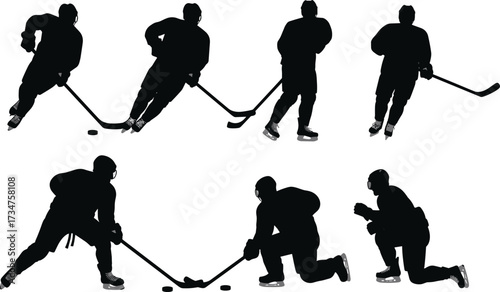 Dynamic ice hockey player silhouettes in action poses with sticks, helmets, and skates, sports vector illustration for competitive team design