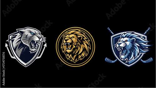 Aggressive Big Cat Mascots: Lion, Panther, and Hockey Team Logo Designs