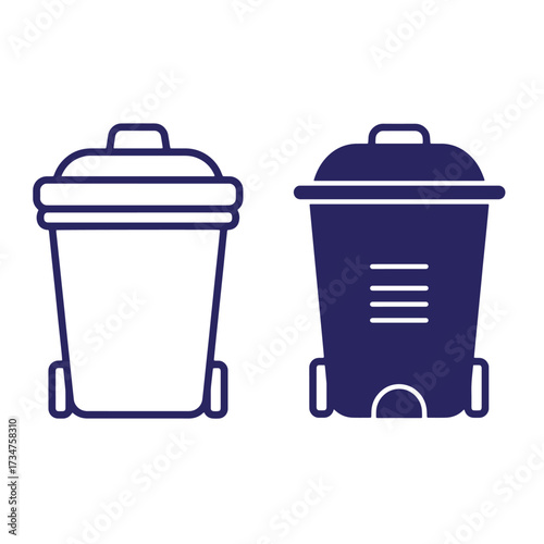 Simple outline and solid colored illustrations of two different trash can icons.