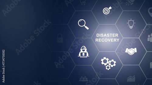 Disaster recovery concept. Restoring critical systems and data, backup and restoration procedures, proactive planning to mitigate risks and protect against potential, icon background animation