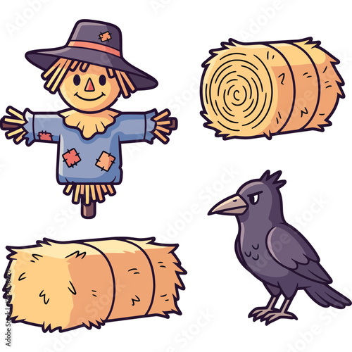 Cartoon farm icon set with scarecrow, hay bales, and crow. Hand-drawn autumn harvest vector illustrations for design.