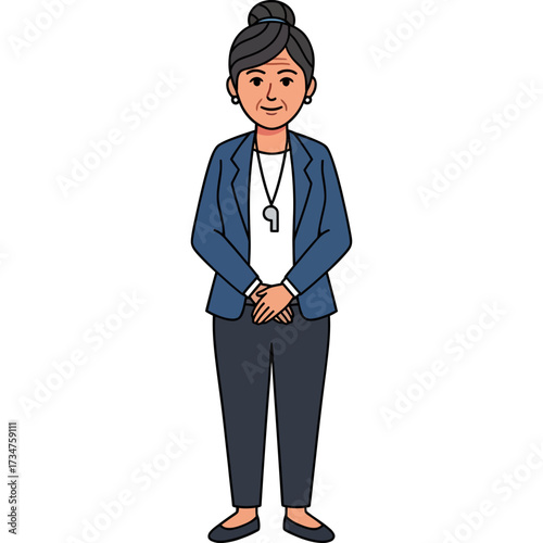 Experienced elderly Asian woman illustration, confidently standing in a blue blazer with a whistle, portraying a dedicated coach or instructor ready to lead and guide.